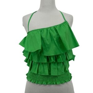 Vestique Size Small Asymmetrical Halter Ruffle Tiered Top Green Smocked Festival